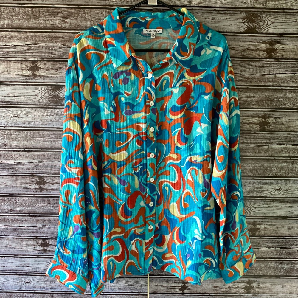 NorthStyle Women's Long-Sleeved Button-Down Top Size 3X‎ Blue Multicolor NWOT